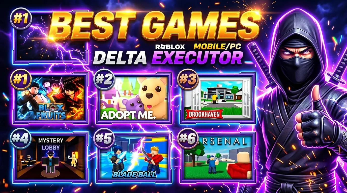 Roblox scripting tips and game selection guide showing Delta Executor running scripts in popular games like Shindo Life and YBA